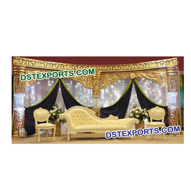 Pakistanlı müslüman düğün sahne dekor hint düğün sahne seti İtalyan koltuk takımı altın kristal sütunlar sahne düğün için
