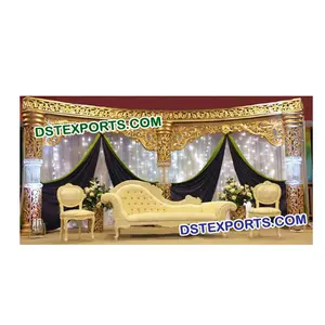 Pakistaanse Moslim Wedding Podium Decor Indian Wedding Stage Set Met Italiaanse Sofa Set Golden Crystal Pijlers Podium Voor Bruiloft