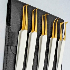 Pinzas para Extensión de Pestañas de Acero Inoxidable de Marca Privada, Pinzas de Volumen Blancas con Puntas Doradas para Pestañas Postizas - Product Image 1