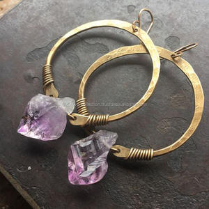 Pendientes en bruto de amatista dorada de latón de calidad de piedras preciosas americanas, aro de moda de estilo clásico para fiesta de compromiso o regalo - Product Image 1