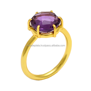 Anillo de Plata de Ley 925 con piedras preciosas de amatista de corte redondo con Juego de puntas Anillo de plata chapado en oro Anillo de moda de último diseño. - Product Image 4