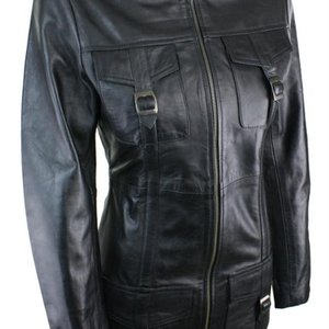 เสื้อแจ็คเก็ตหนังแท้สำหรับผู้หญิง สีดำ แบบนุ่ม สไตล์วินเทจ ลดราคาช่วงฤดูหนาว - Product Image 1