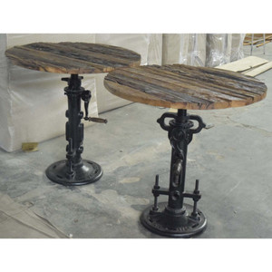 Mesa de comedor urbana moderna de estilo Loft Industrial, Base de elevación manual de hierro fundido con parte superior redonda de madera vieja para uso en cafetería doméstica al aire libre - Product Image 3