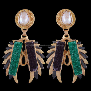 Pendientes de tuerca de piedras preciosas Druzy moradas, Perla de latón chapada en oro, accesorio de moda para fiestas de mujeres, aniversarios, compromisos - Product Image 1