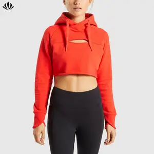 Latest fashion front cut out stylish functional midriff crossover wrap neck and cuffs crop custom pullover hoodie for women