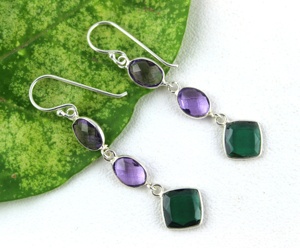 Émeraude améthyste Hydro Mix forme fait à la main argent Dangle argent plaqué argent 925 forme de luxe boucles d'oreilles cadeau - Product Image 2
