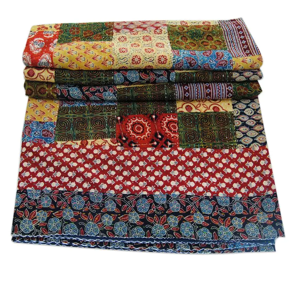 Patchwork Quilt Mão Bloco de Impressão Kantha Algodão Multi Color Gidari Indian Nova Impressão Durável Peso Leve Colcha Atacado