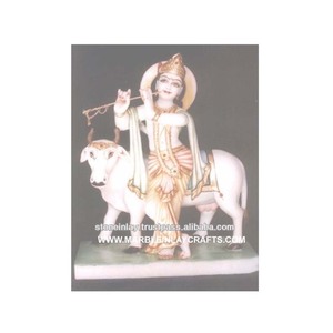 Makrana Marble Krishna Statue with Cow - Product Image 1