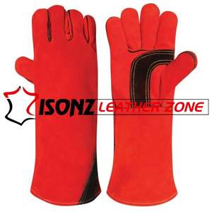 Gants de Soudage Tig Rouge de 16 Pouces, Cuir Véritable Fendu de Vache, Résistant à la Chaleur, Enduit de Latex, Anti-Coupure, Anti-Impact, Double Paume de Sécurité - Product Image 1