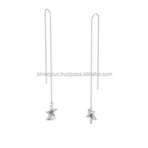 Pendientes de cadena de barra de estrella pavimentada con diamantes naturales, joyería fina de oro amarillo/rosa/blanco de 14 quilates - Product Image 4