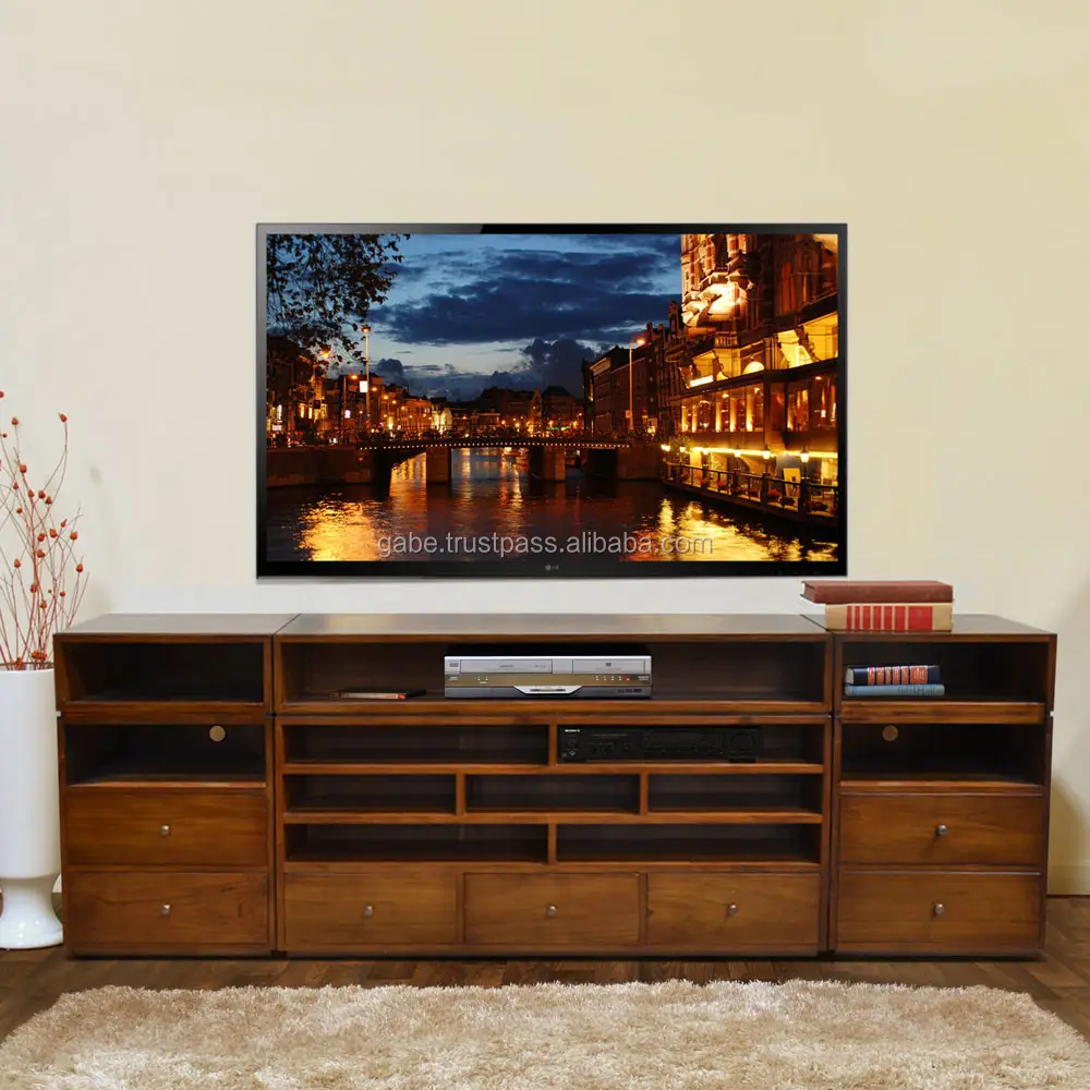 Buffet TV Moderna Multi Cassetti Marrone Colore Teak Mobili In Legno, Indonesiano Mobili Fatti A Mano di Produzione