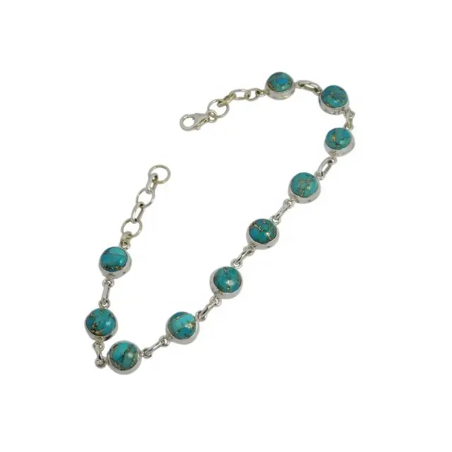 Hot Selling Indian Handmade Pure 925 Sterling Silver Turquoise Round Gemstone Bracelet Supplier