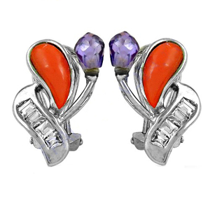 Auténtico Fancy Orange Coral & Purple Gemstone 925 Pendiente de plata Cubic Zirconia Clip en pendientes Studs Jewelry - Product Image 2
