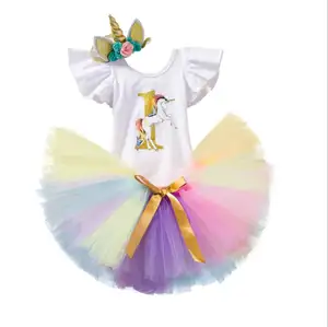 UNC34 Baby Girl 1st Birthday 3pcs Unicorn Outfits with Headband & Romper & Skirts