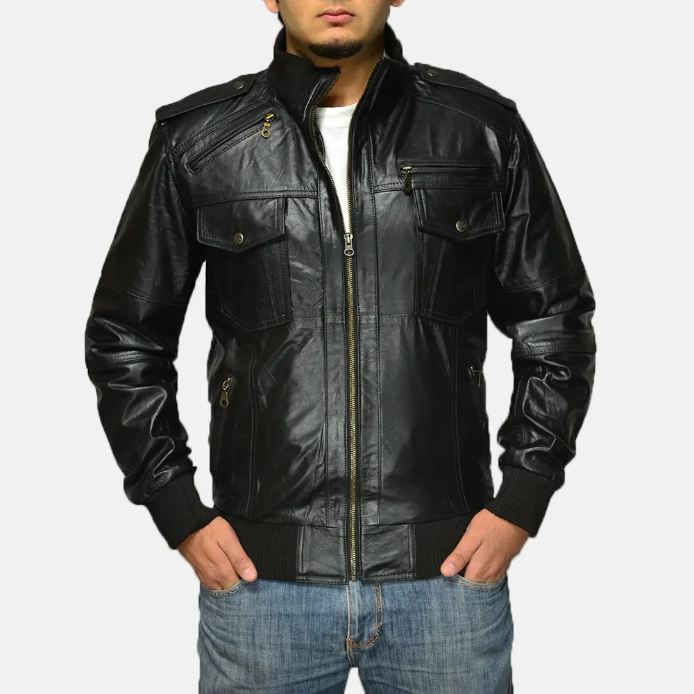 Wholesale Price Latest Motorcycle Design Agent Shadow Black Leather Bomber Jacket For Men With Sheep skin 100% Real Leather
