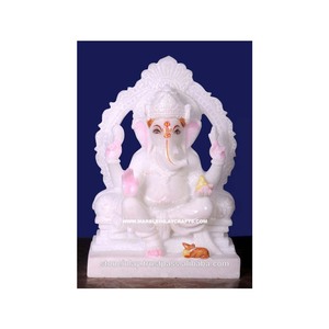 Statue de Shri Ganesh Ji en marbre de Makrana, blanc pur, étoile brillante, position assise avec main de bénédiction pour la prière à la maison - Product Image 1