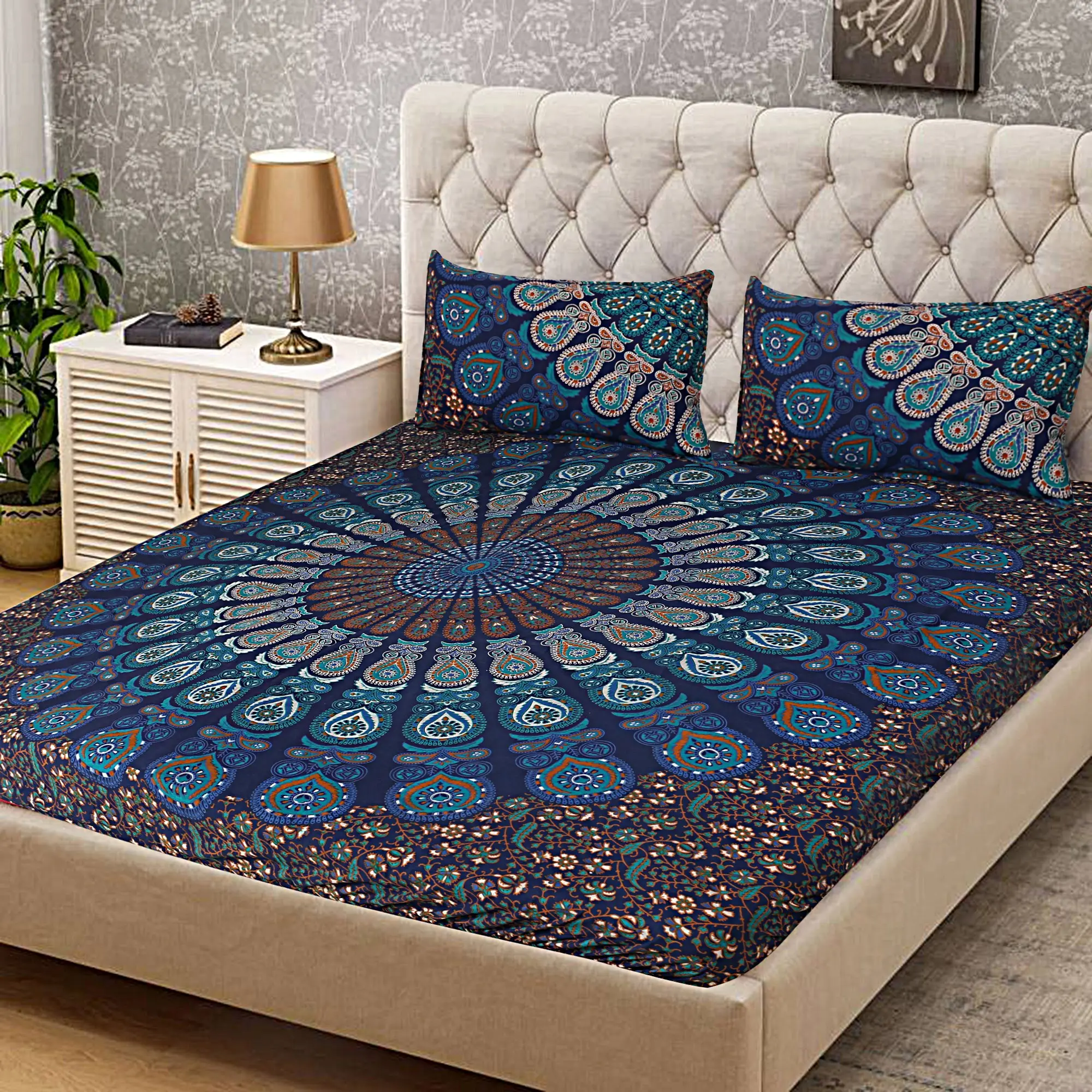 Tapiz de Mandala India sábana de cama de tela de algodón ropa de cama Bohemia 3 Pcs hoja de cama con funda de almohada