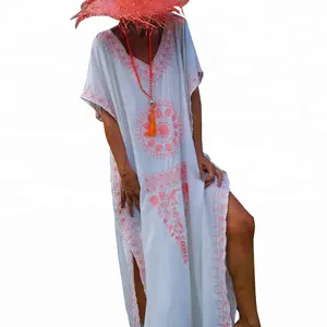 100% algodão grosso vestuário das mulheres beach wear maxi kaftan kaftan vestido longo bordado aberto desi Swim Wear Sexy Vestido de Praia