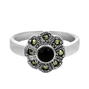 Đen Onyx và Marcasite đá quý nhẫn cho nam giới của màu đen oxy hóa quyến rũ 925 Bạc ngón tay nhẫn đá quý đồ trang sức