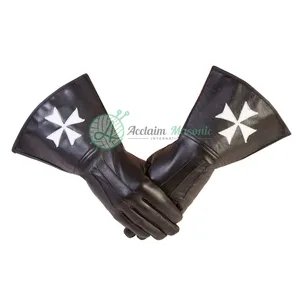 Knights of Malta Masonic White Cross Gauntlets in Real Leather