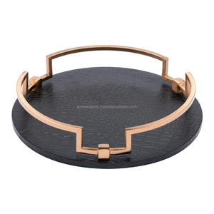 ถาดเสิร์ฟหนัง PU ทรงกลม14 "ทำจากสแตนเลสพร้อมที่จับโลหะชุบทอง - Product Image 2