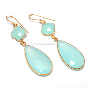 Boucles d'oreilles en pierre précieuse Aqua calcédoine en argent Sterling 925, beaux bijoux en Vermeil uniques plaqués or faits à la main - Product Image 1