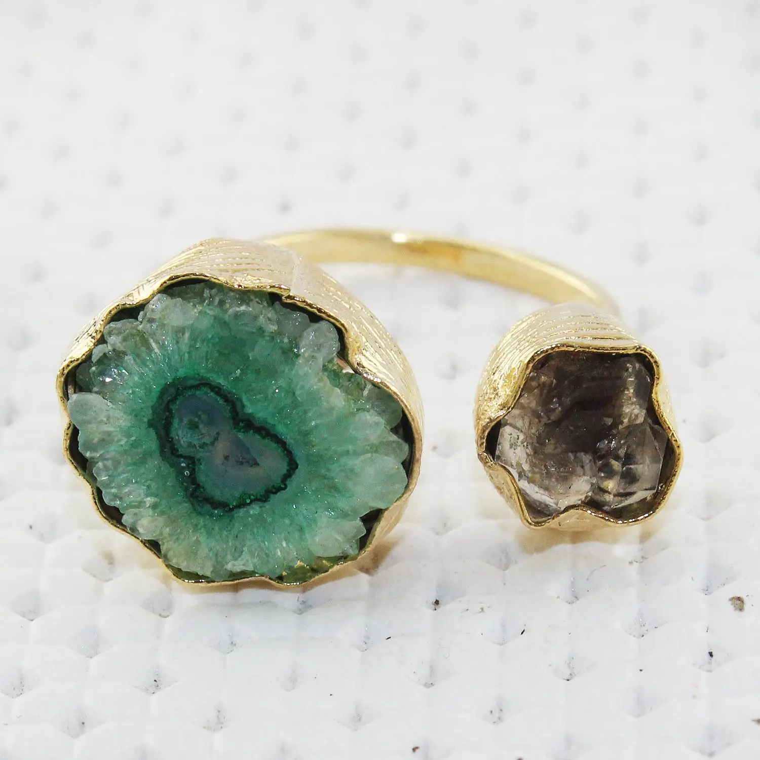 Ювелирные изделия из Индии, натуральный зеленый Солнечный Кварц, грубый Herkimer бриллиант 24k позолоченное кольцо