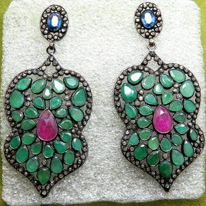 Conjunto de pendientes de zafiro y diamantes de Rubí, Esmeralda Natural, joyería victoriana de buena calidad - Product Image 3