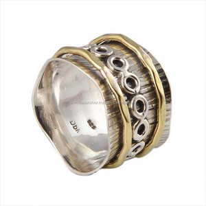 Handmade 925 Silver Classic Party <b>Spinner</b> <b>Ring</b> Copper Dots Multi-Band Hammered Design Amethyst Gemstone Anti-Stress Meditation - Product Image 1
