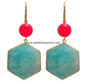 ต่างหูเงินแท้ 925 ชุบทอง ประดับด้วยพลอยอะมาโซไนต์ควอตซ์ธรรมชาติคุณภาพสูง รูปทรงหยดน้ำ เหมาะสำหรับงานแต่งงานและงานปาร์ตี้ - Product Image 1