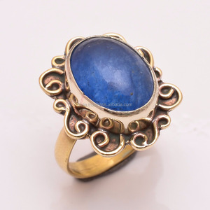 Anillo de piedras preciosas de latón chapado en oro, anillo de latón dorado de alta calidad, anillo de piedras preciosas de jade azul, joyería antigua de latón hecha a mano - Product Image 1