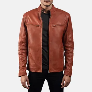 Erkek moda Tan kahverengi deri Biker ceket ile 100% koyun derisi gerçek deri