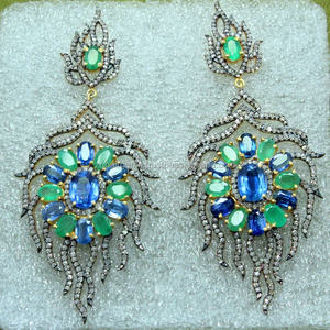 ชุดต่างหูเพชรธรรมชาติและมรกตไคยาไนต์ธรรมชาติเครื่องประดับวิคตอเรียสำหรับใช้ทำมือผู้หญิงดีไซน์ใหม่ - Product Image 3