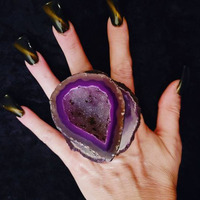 Bague en Double pierre, vente en gros, Double pierre, géode, druse noire, Rhodium deux agates, druse