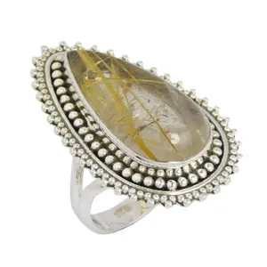 Hermoso encanto sólido 925 plata esterlina rutilo dorado anillo de piedras preciosas joyería de plata joyería de moda