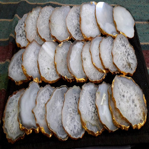 Posavasos de borde dorado con material de piedras preciosas de ágata natural - Product Image 1