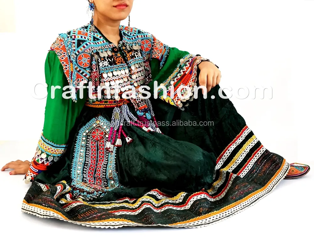 アフガンベリーダンスコスチュームドレス-アフガンジプシートライバルフュージョンウェディングフロック-タッセルドレスで手作りされたクチ-ヴィンテージドレス