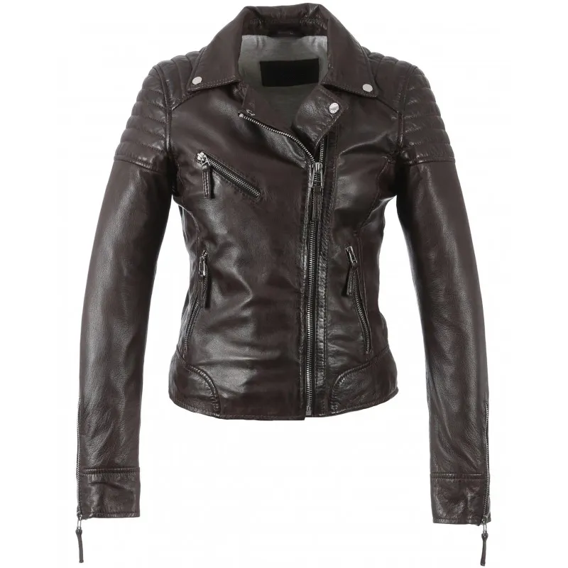 Perfect quality best choice women leather biker coat ladies brown leather jacket