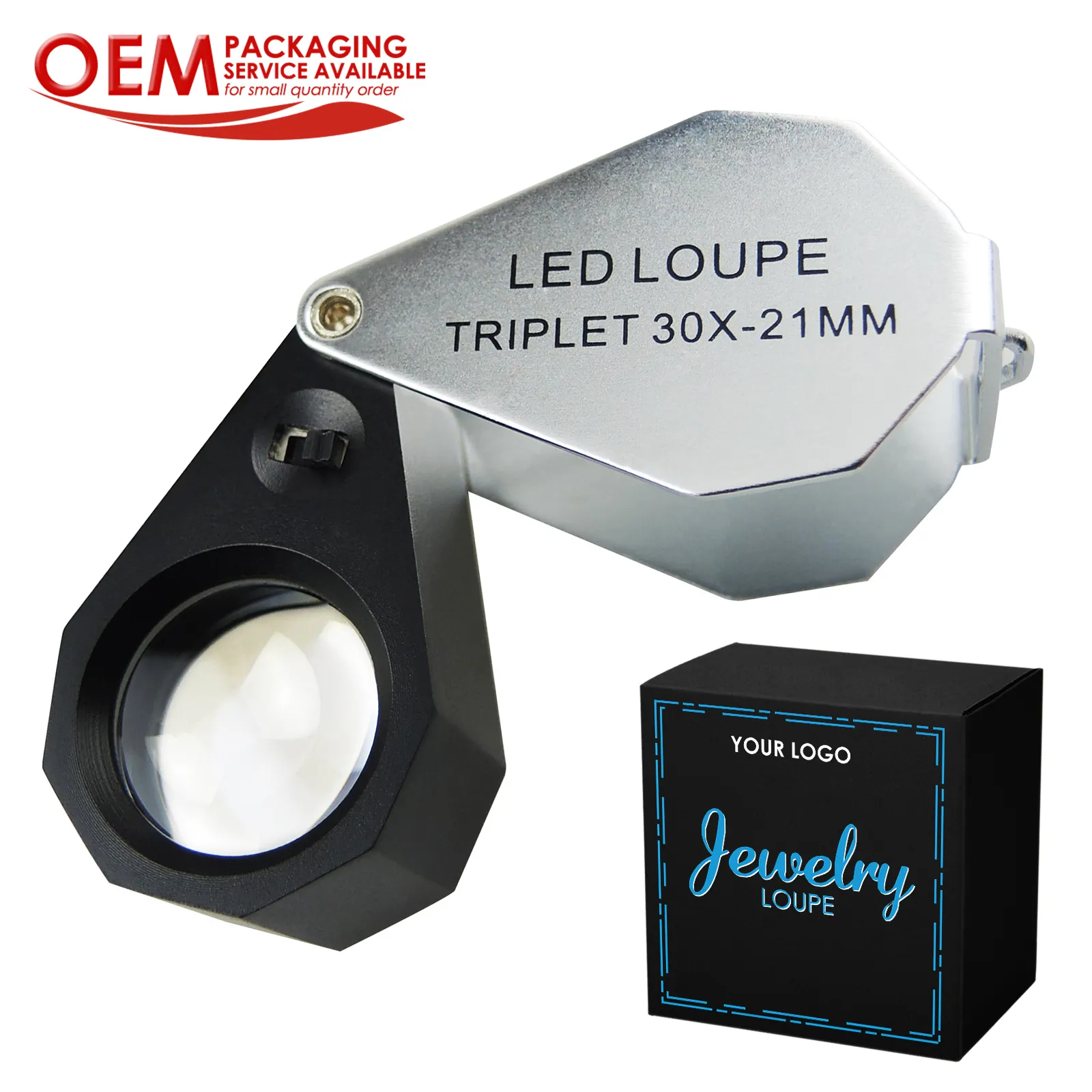 Jeweler Loupe 30x Magnifying 21mm Triplet Optical LED Light Gemstone Identifier Tool (OEM Packaging Available)