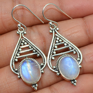 Pendientes de plata de ley 925 con piedra lunar de arcoíris, óvalo, color blanco, buena apariencia, joyería de plata de ley 925 - Product Image 2