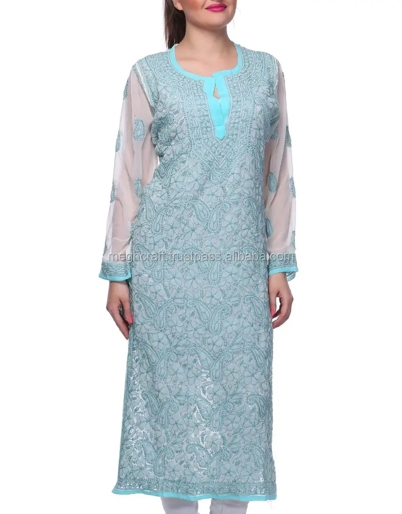 Tasarımcı Georgette chikankari uzun Kurtis/tunikler/üstün Lucknow el işlemeli moda kurtis - bohemian tunik üstler