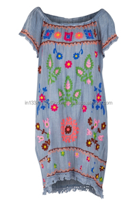 Vente en gros 100% véritable été coton femmes robe courte tunique prix usine épaule Suzani brodé haut-bas grande taille - Product Image 4