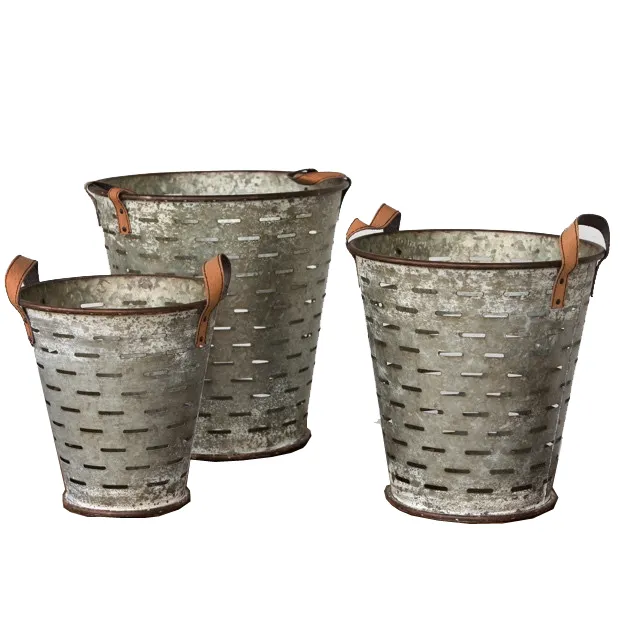 SMETA Approved Factory Set Of 3 Antique Galvanized Metal Round Olive Bucket