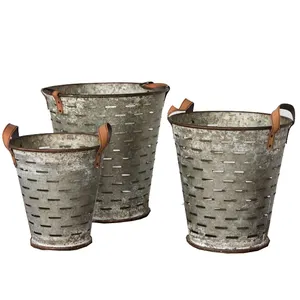 Conjunto De 3 SMETA Fábrica Aprovada Antigo Oliva Rodada Balde De Metal Galvanizado