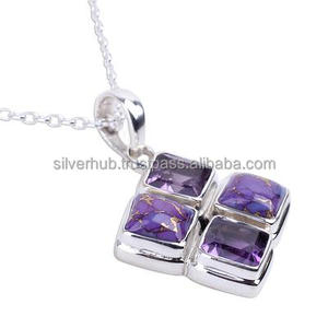 Colgante de plata con piedras preciosas de turquesa y amatista para mujer, colgante delicado de plata sólida hecho a mano, colgante de plata con piedras preciosas - Product Image 1