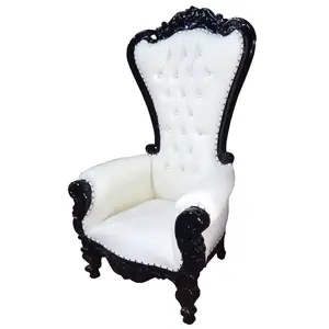 Cheap King Wooden Throne High Back Luxury Black Frame White Synthetic leather living room chairs