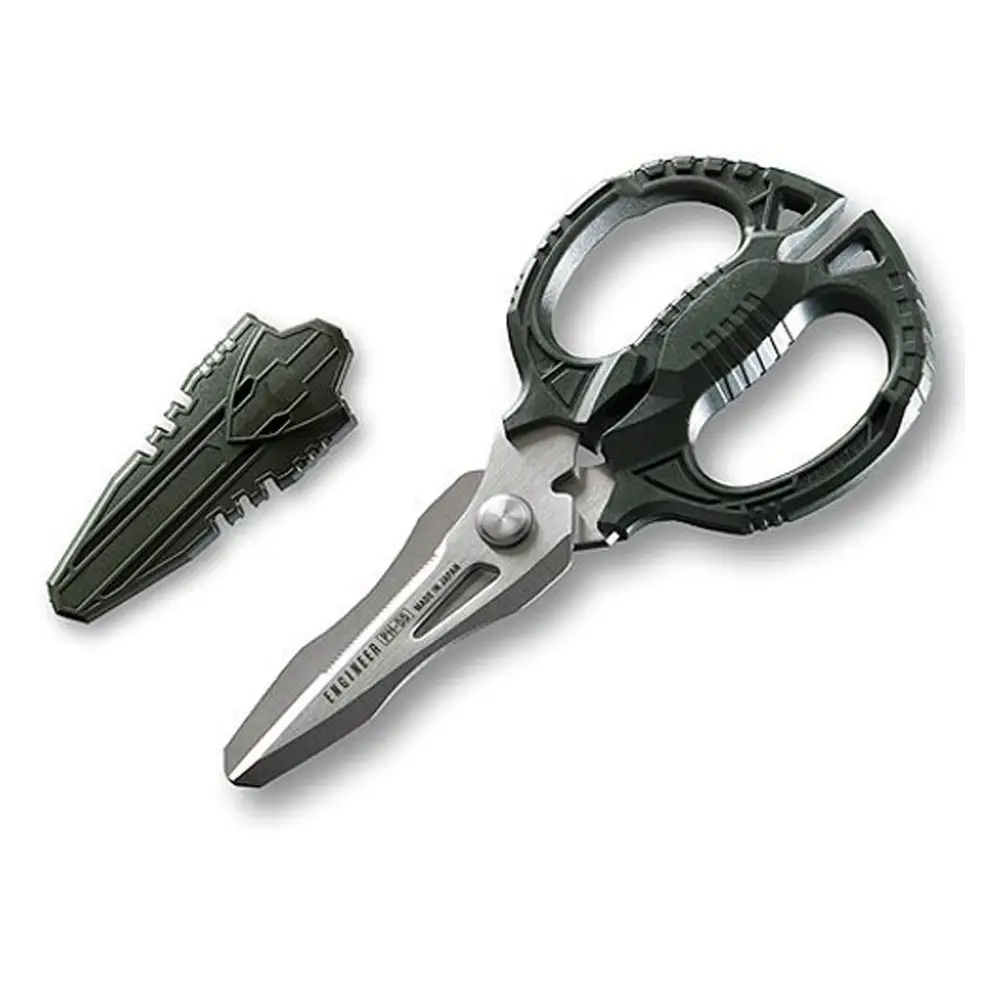 Sharpened multiple functions scissor able to cut copper braided wire. Manufactured by Engineer. Made in Japan