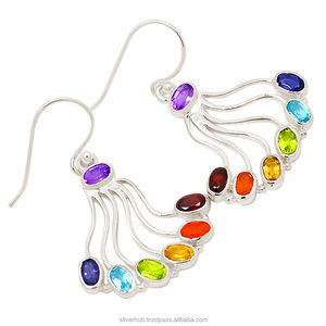 Trending Design 925 Sterling <b>Silver</b> Multi Stone Bezel Setting Drop <b>Dangle</b> <b>Earring</b> For Women Fine Handmade Wholesale Jewelry - Product Image 1