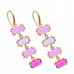 925 <b>Sterling</b> <b>Silver</b> Handmade Gemstone Earrings Rose Chalcedony Tourmaline Quartz Rhodium Gold Classic Party Women's Gift - Product Image 2