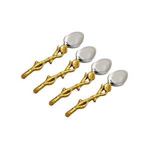 Juego de cubiertos de acero inoxidable plateado con tallo dorado con mango de hoja Cuchara para el desierto - Product Image 1